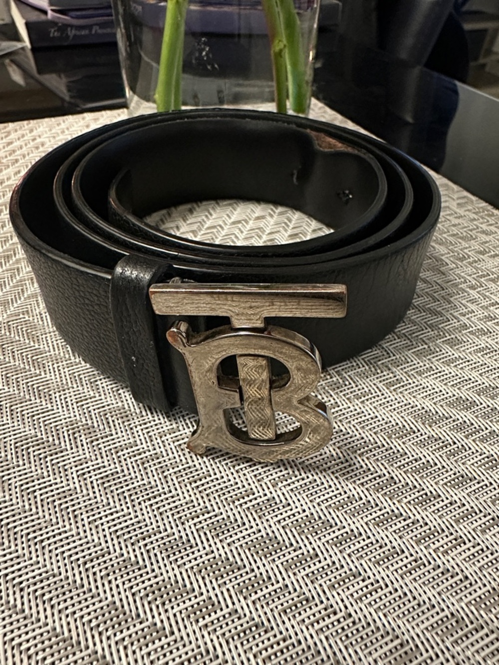 Burberry Black Leather Belt with Silver TB Logo Buckle